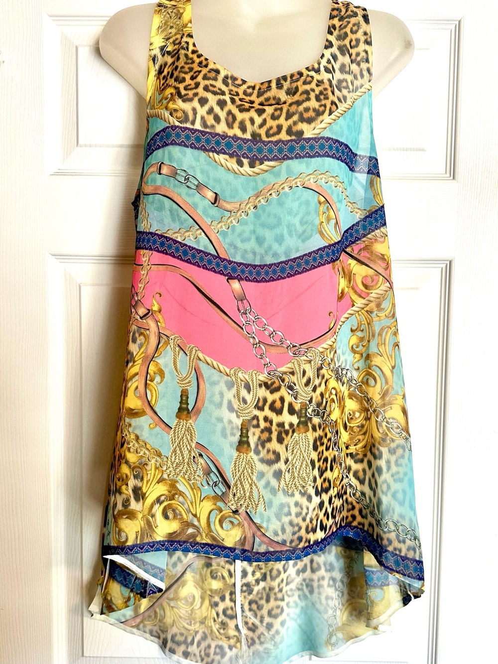Y2K Baroque Leopard & Chain Sleeveless Tunic in Pink and Aqua